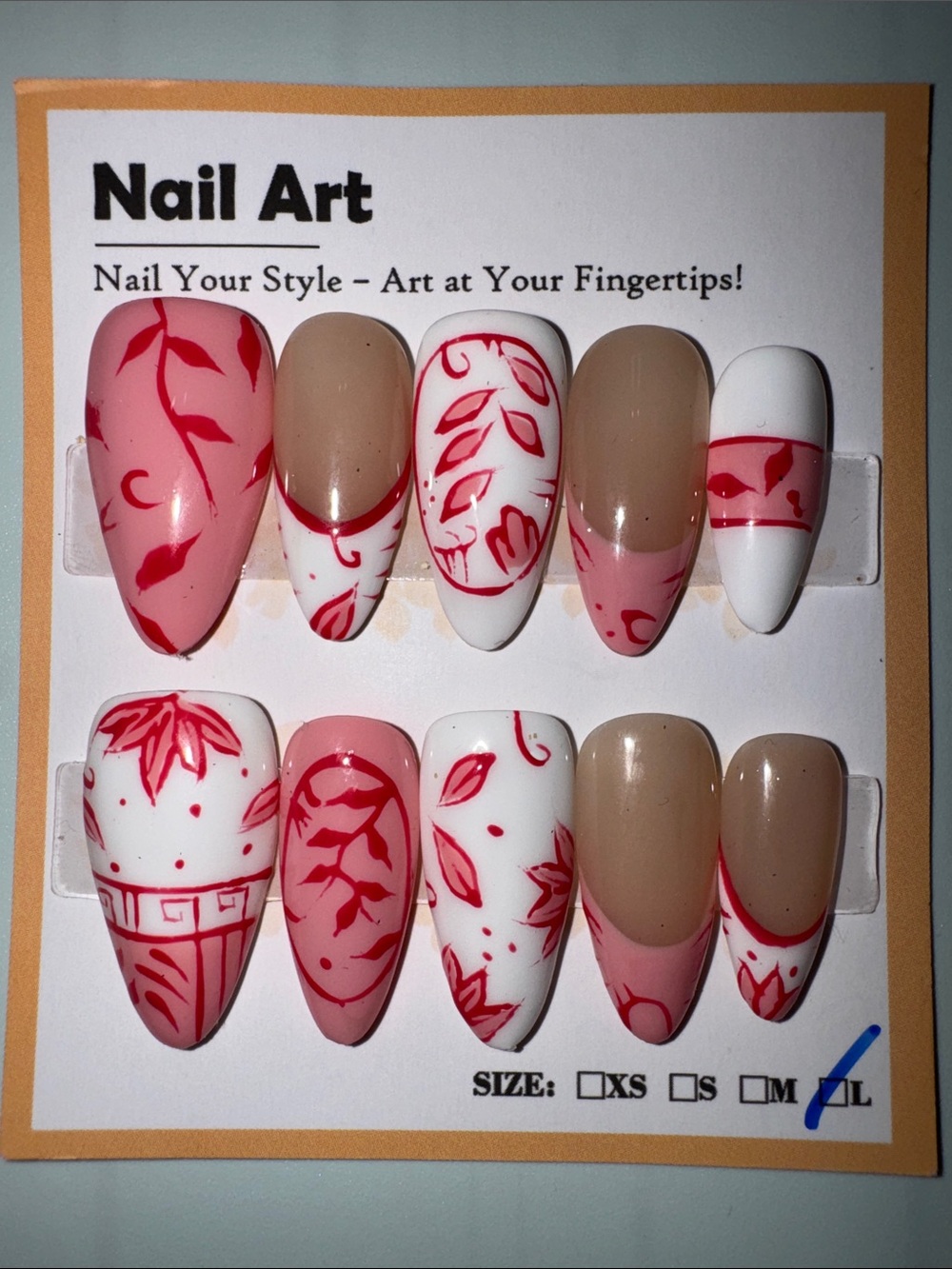 Hand-Painted Red Floral Press-On Nails